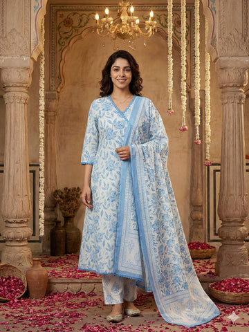 Jaitpuriya Blue And White Pure Cotton Anarkali Angrakha Kurta Set
