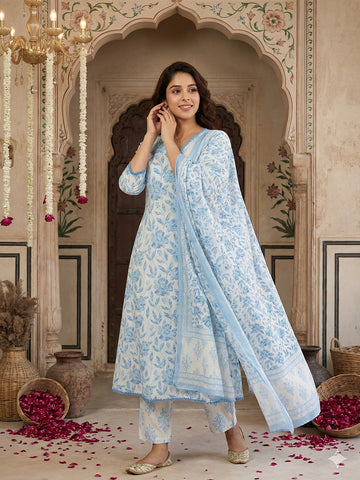Jaitpuriya Blue And White Pure Cotton Anarkali Angrakha Kurta Set