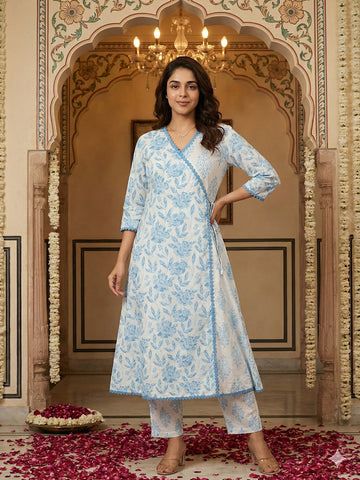 Jaitpuriya Blue And White Pure Cotton Anarkali Angrakha Kurta Set