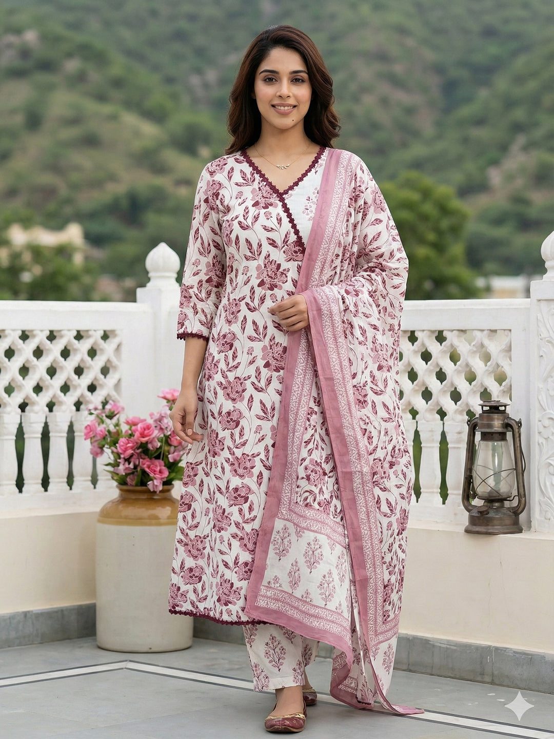 Jaitpuriya Brown And White Pure Cotton Anarkali Angrakha Kurta Set