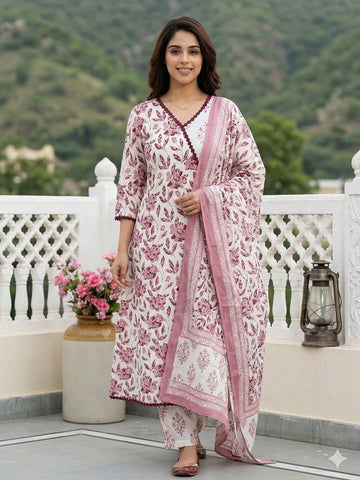 Jaitpuriya Brown And White Pure Cotton Anarkali Angrakha Kurta Set