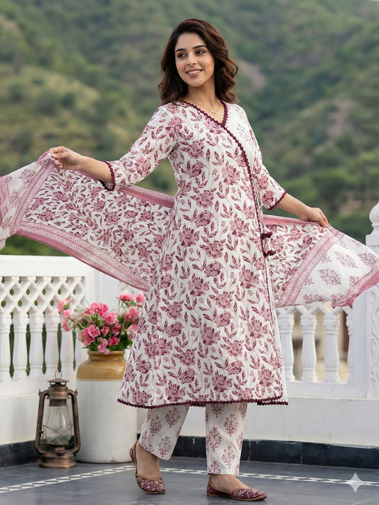 Jaitpuriya Brown And White Pure Cotton Anarkali Angrakha Kurta Set