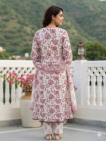 Jaitpuriya Brown And White Pure Cotton Anarkali Angrakha Kurta Set
