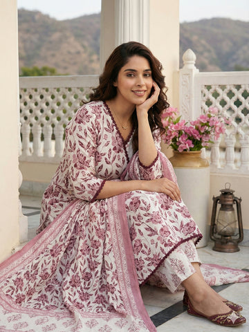 Jaitpuriya Brown And White Pure Cotton Anarkali Angrakha Kurta Set