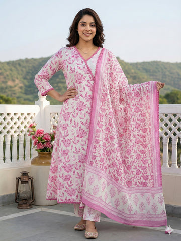 Jaitpuriya Pink And White Pure Cotton Anarkali Angrakha Kurta Set