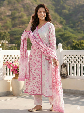 Jaitpuriya Pink And White Pure Cotton Anarkali Angrakha Kurta Set