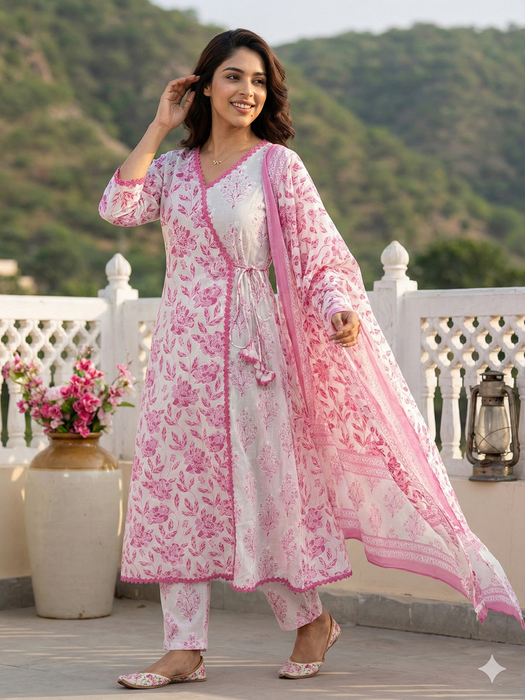 Jaitpuriya Pink And White Pure Cotton Anarkali Angrakha Kurta Set
