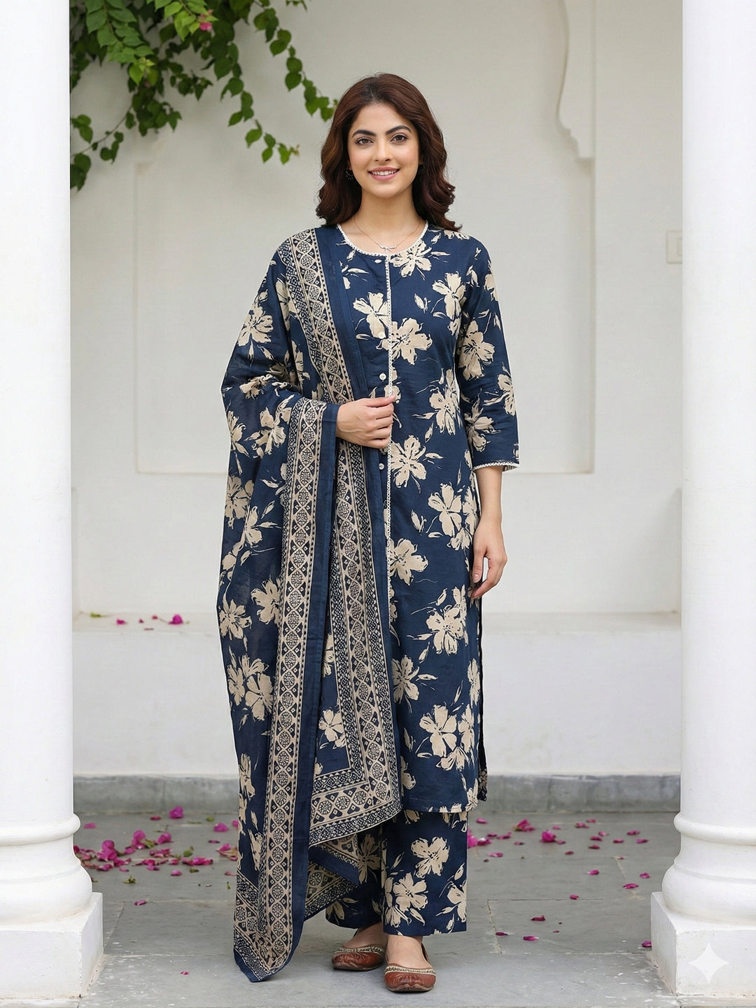 Jaitpuriya Blue And Beige Pure Cotton Straight Regular Kurta Set