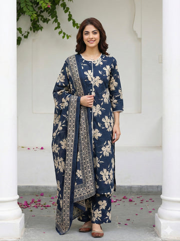 Jaitpuriya Blue And Beige Pure Cotton Straight Regular Kurta Set