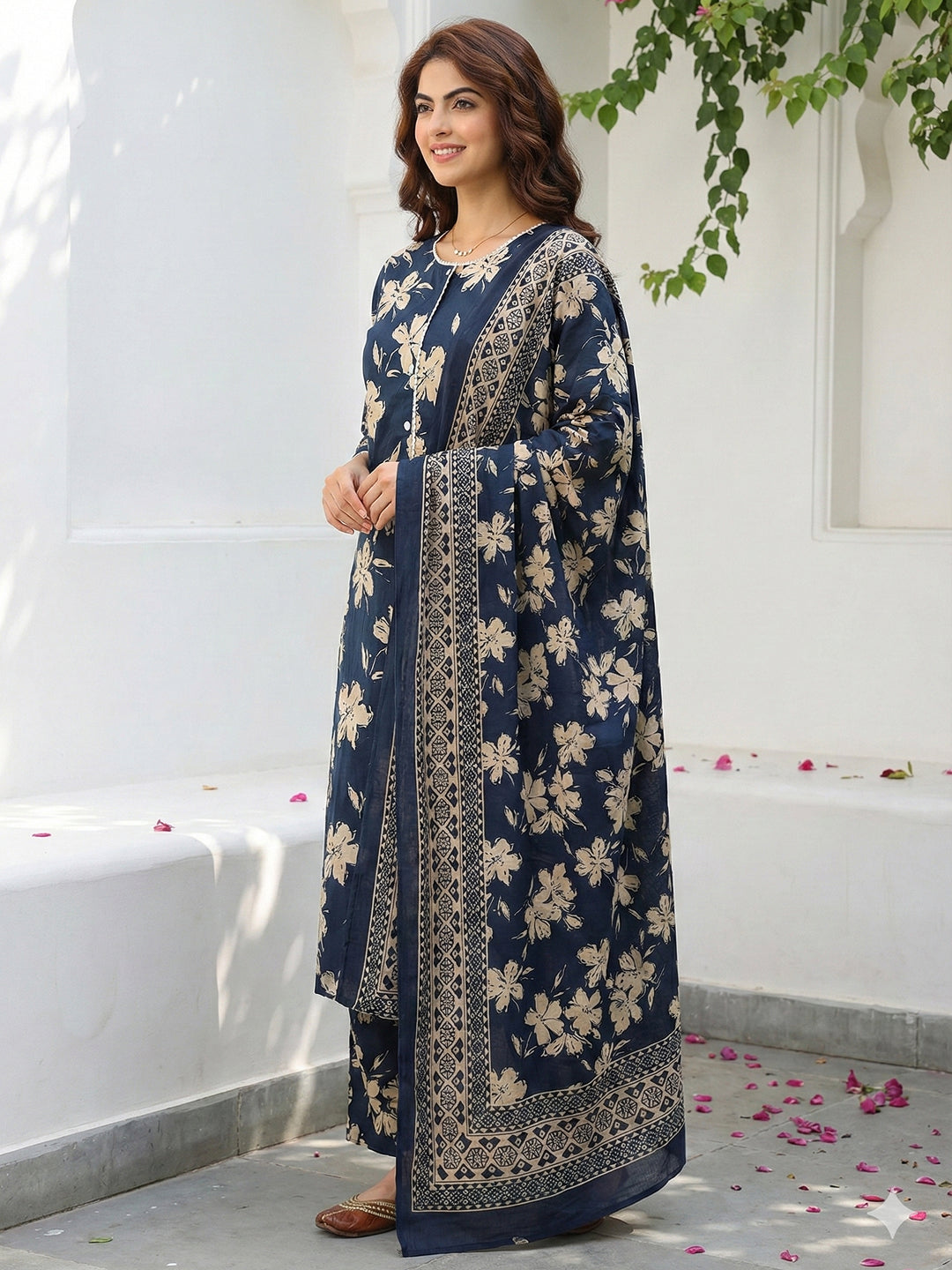 Jaitpuriya Blue And Beige Pure Cotton Straight Regular Kurta Set