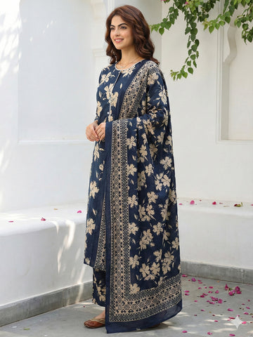 Jaitpuriya Blue And Beige Pure Cotton Straight Regular Kurta Set