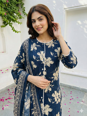 Jaitpuriya Blue And Beige Pure Cotton Straight Regular Kurta Set