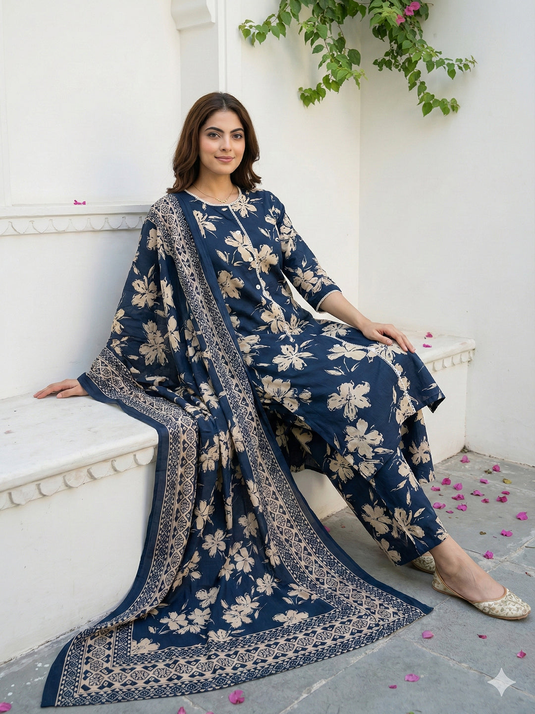 Jaitpuriya Blue And Beige Pure Cotton Straight Regular Kurta Set
