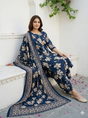 Jaitpuriya Blue And Beige Pure Cotton Straight Regular Kurta Set
