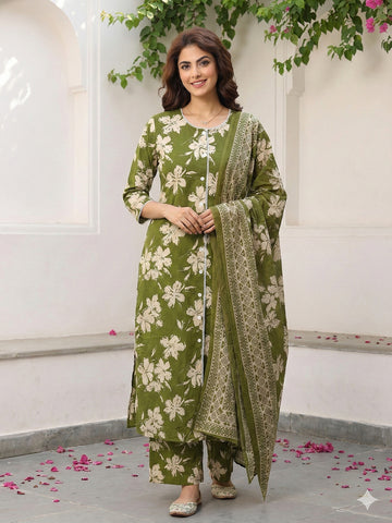 Jaitpuriya Olive Green And Beige Pure Cotton Straight Regular Kurta Set