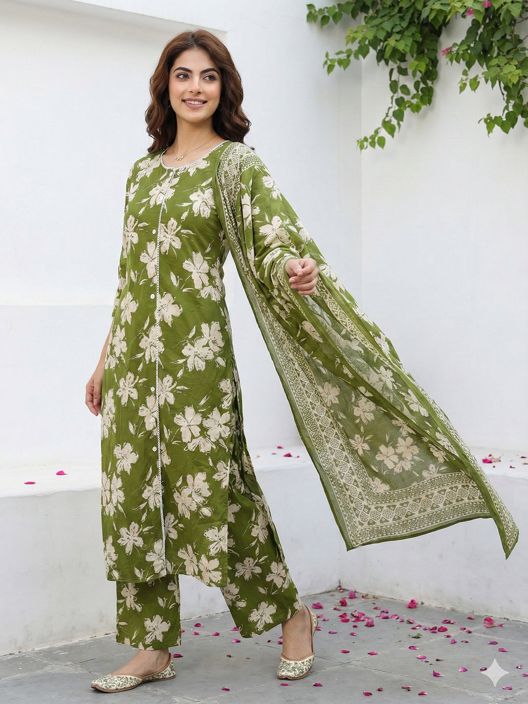 Jaitpuriya Olive Green And Beige Pure Cotton Straight Regular Kurta Set