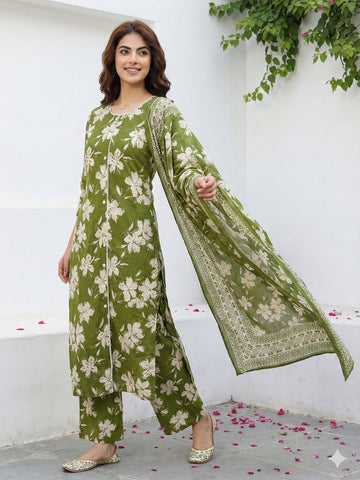 Jaitpuriya Olive Green And Beige Pure Cotton Straight Regular Kurta Set