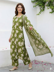 Jaitpuriya Olive Green And Beige Pure Cotton Straight Regular Kurta Set