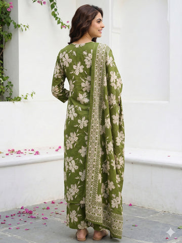 Jaitpuriya Olive Green And Beige Pure Cotton Straight Regular Kurta Set