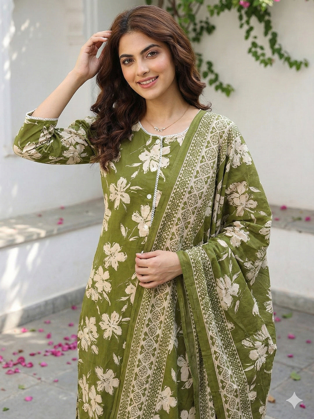 Jaitpuriya Olive Green And Beige Pure Cotton Straight Regular Kurta Set