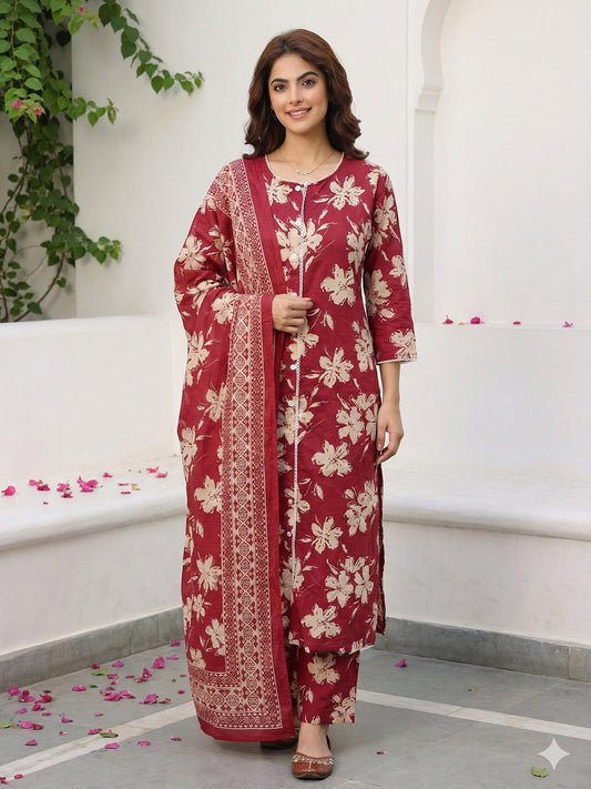 Jaitpuriya Red And Beige Pure Cotton Straight Regular Kurta Set