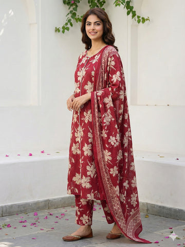 Jaitpuriya Red And Beige Pure Cotton Straight Regular Kurta Set