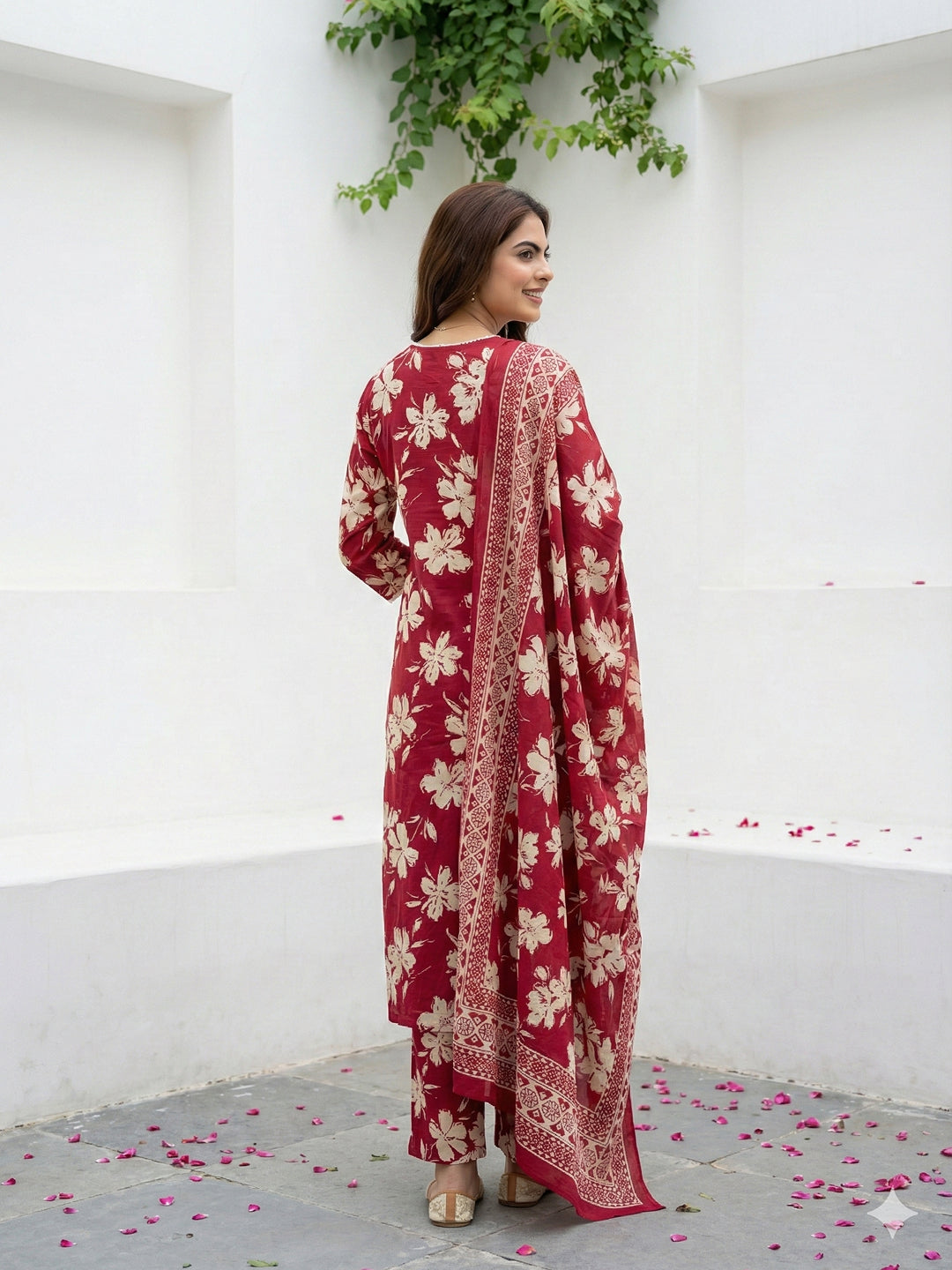 Jaitpuriya Red And Beige Pure Cotton Straight Regular Kurta Set