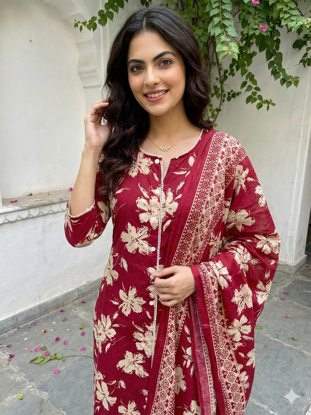 Jaitpuriya Red And Beige Pure Cotton Straight Regular Kurta Set