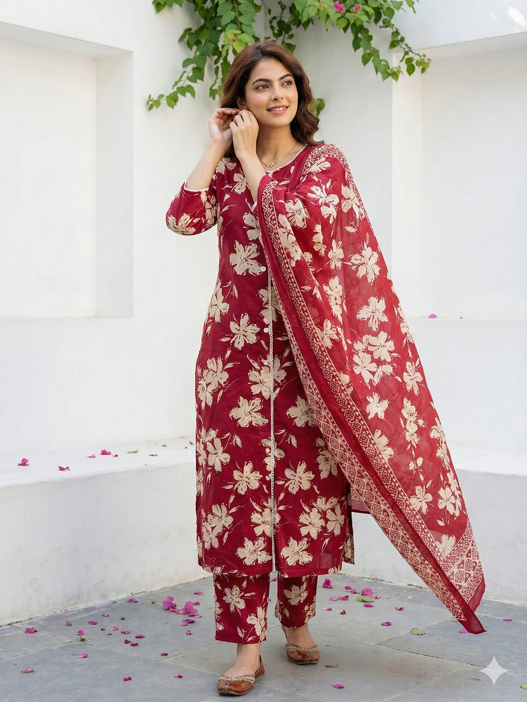 Jaitpuriya Red And Beige Pure Cotton Straight Regular Kurta Set