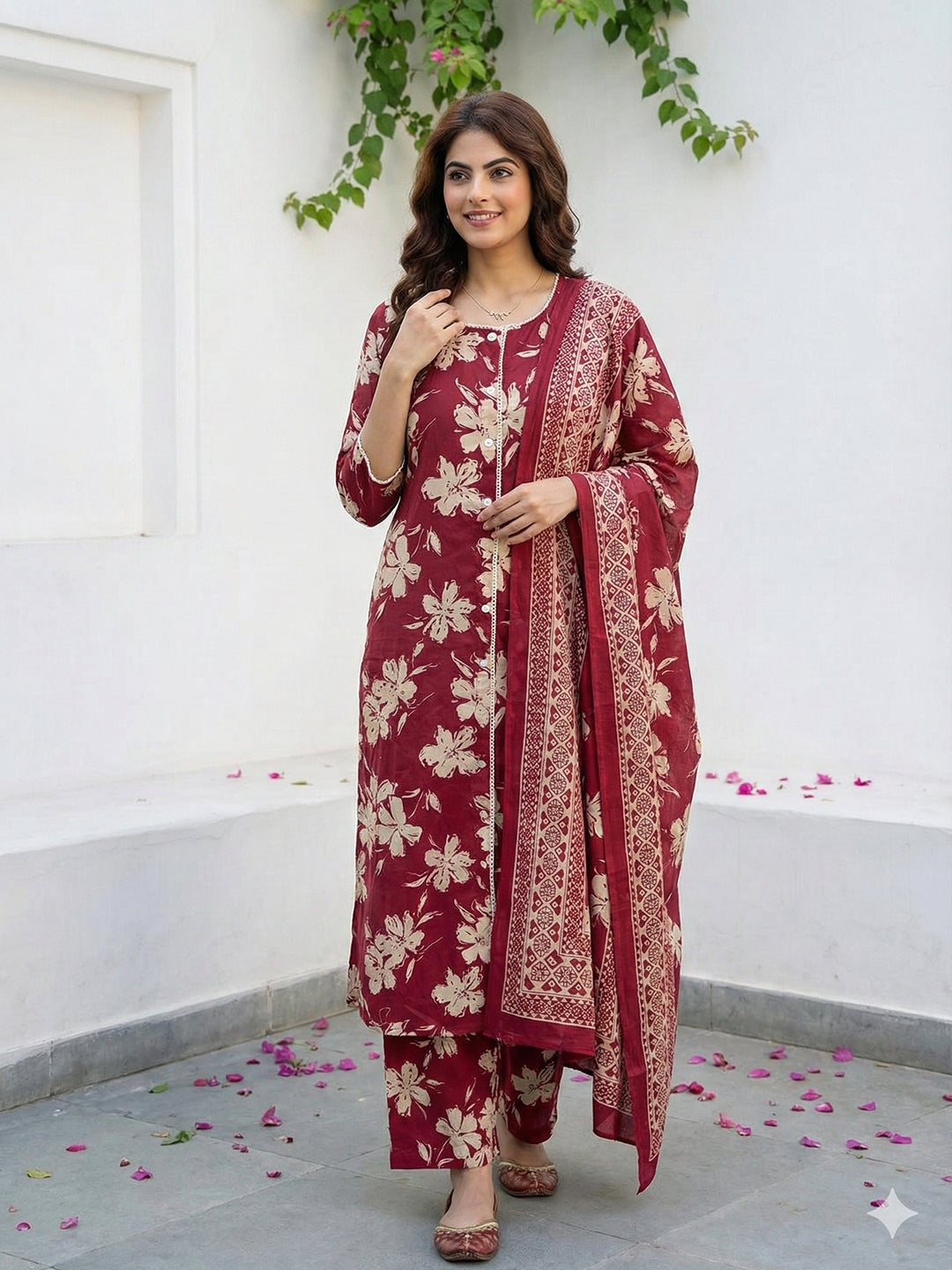 Jaitpuriya Red And Beige Pure Cotton Straight Regular Kurta Set