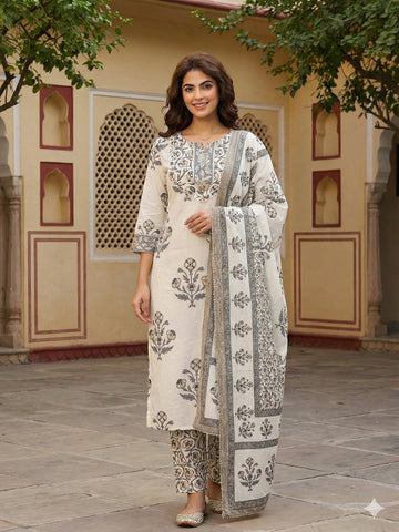 Jaitpuriya Grey And Off White Pure Cotton Straight Regular Kurta Set