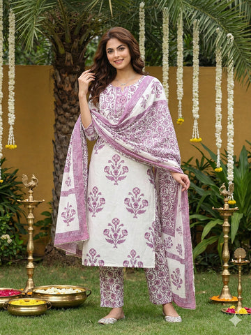 Jaitpuriya Purple And Off White Pure Cotton Straight Regular Kurta Set