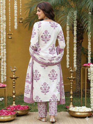 Jaitpuriya Purple And Off White Pure Cotton Straight Regular Kurta Set