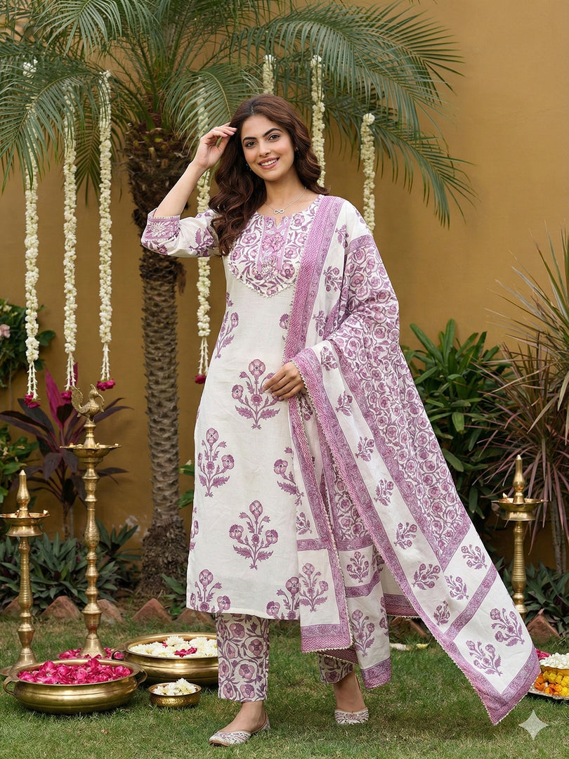 Jaitpuriya Purple And Off White Pure Cotton Straight Regular Kurta Set