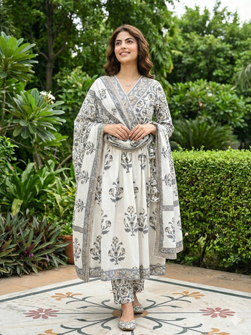 Jaitpuriya Grey And Off White Pure Cotton Anarkali Gathered or Pleated Kurta Set