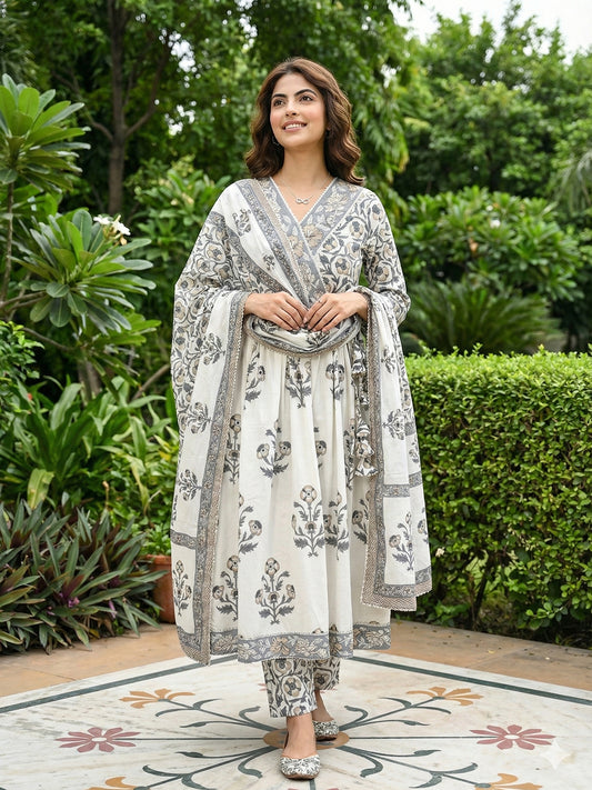 Jaitpuriya Grey And Off White Pure Cotton Anarkali Gathered or Pleated Kurta Set
