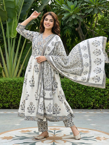 Jaitpuriya Grey And Off White Pure Cotton Anarkali Gathered or Pleated Kurta Set
