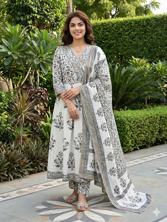 Jaitpuriya Grey And Off White Pure Cotton Anarkali Gathered or Pleated Kurta Set
