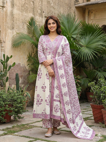 Jaitpuriya Purple And Off White Pure Cotton Anarkali Gathered or Pleated Kurta Set