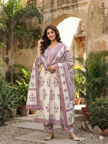 Jaitpuriya Purple And Off White Pure Cotton Anarkali Gathered or Pleated Kurta Set