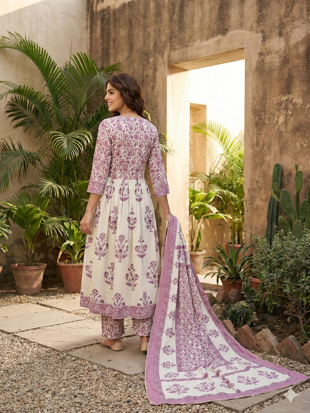 Jaitpuriya Purple And Off White Pure Cotton Anarkali Gathered or Pleated Kurta Set