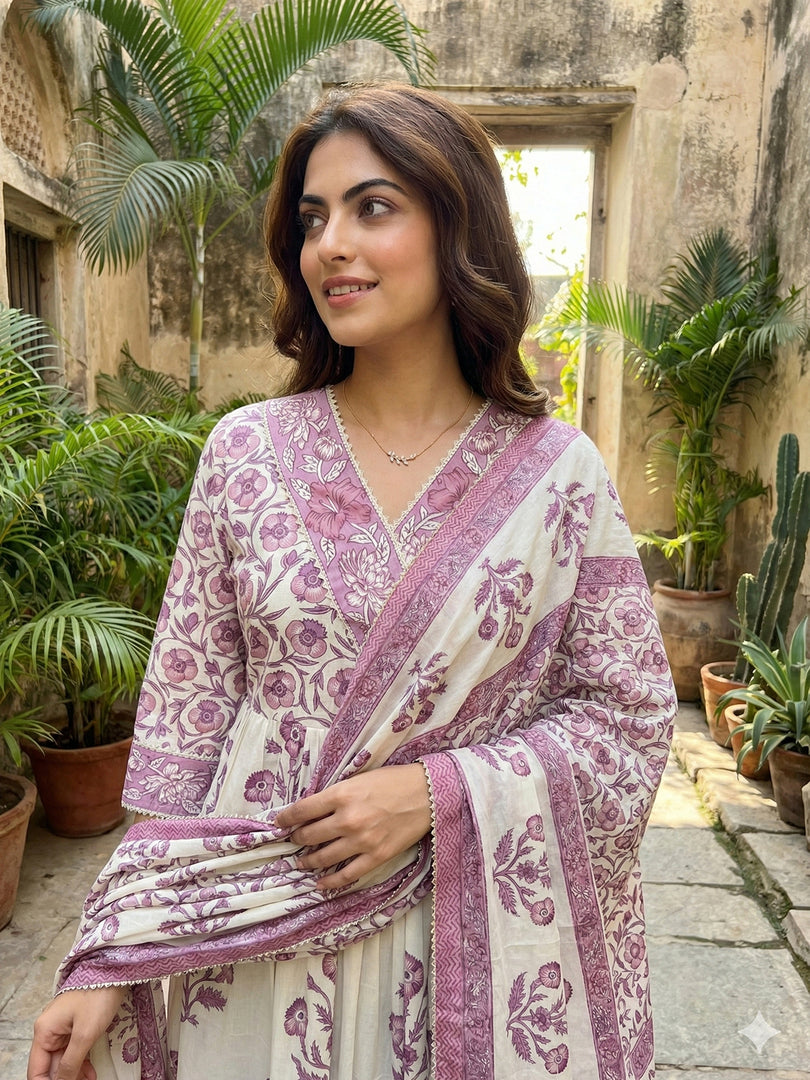 Jaitpuriya Purple And Off White Pure Cotton Anarkali Gathered or Pleated Kurta Set