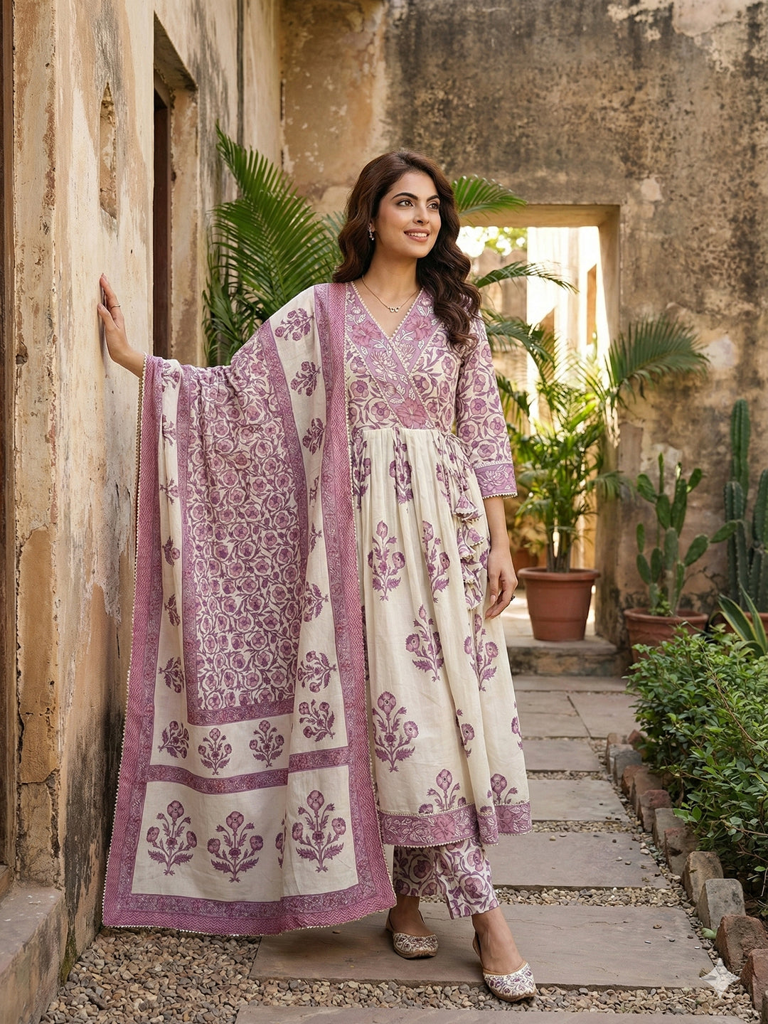 Jaitpuriya Purple And Off White Pure Cotton Anarkali Gathered or Pleated Kurta Set
