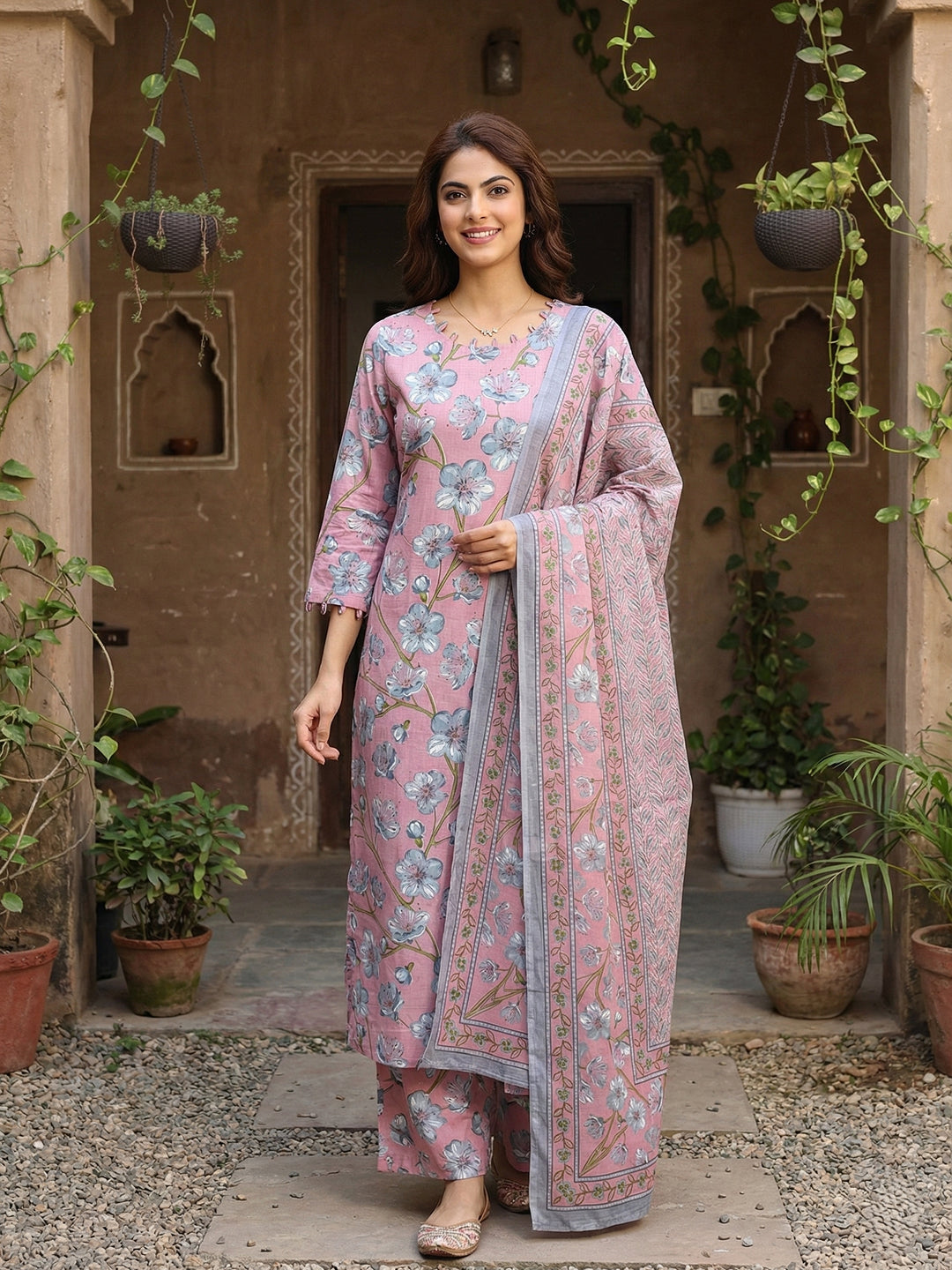 Jaitpuriya Pink And Grey Pure Cotton Straight Regular Kurta Set