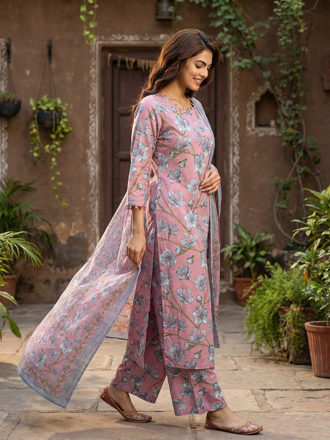 Jaitpuriya Pink And Grey Pure Cotton Straight Regular Kurta Set