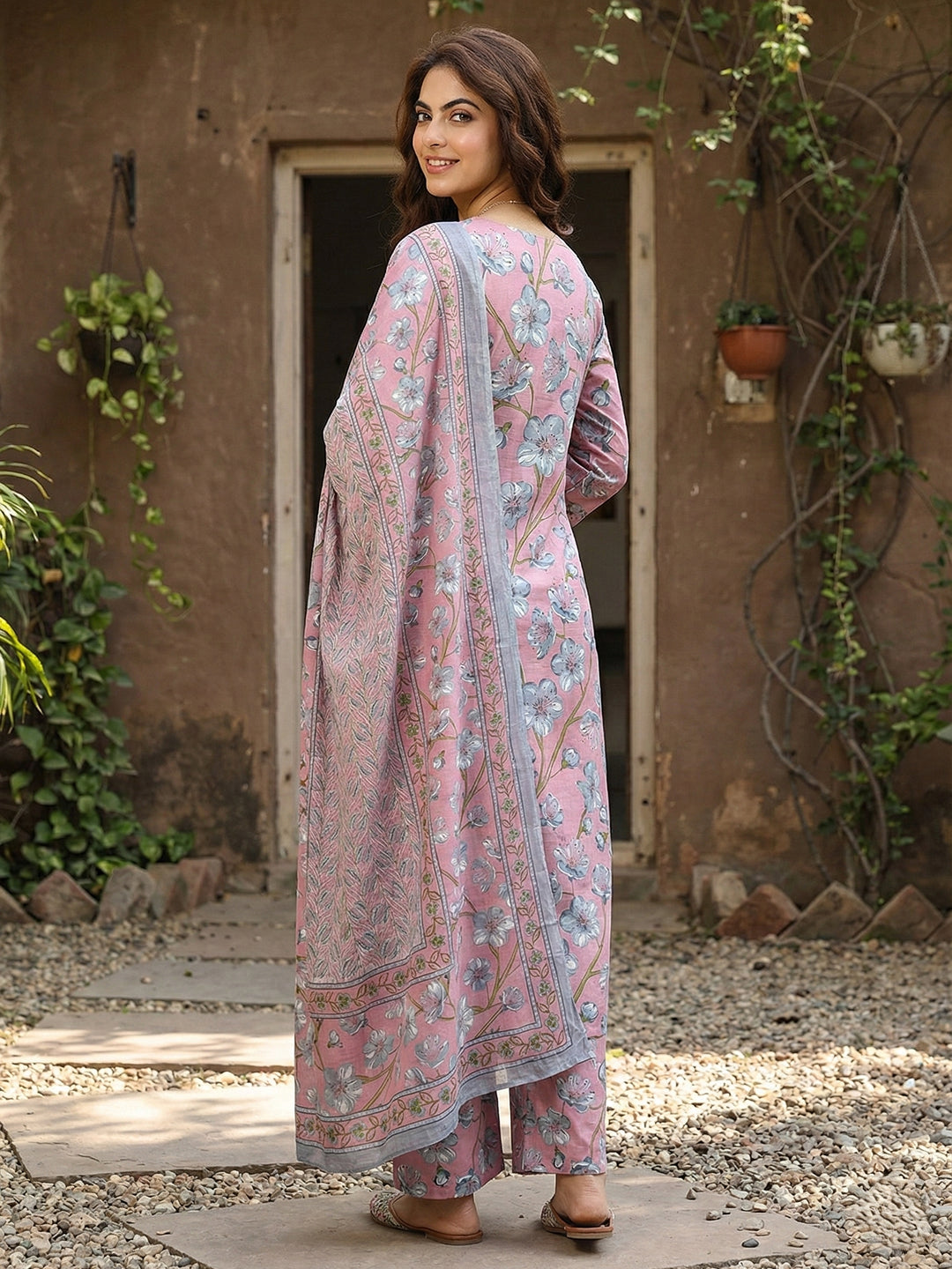Jaitpuriya Pink And Grey Pure Cotton Straight Regular Kurta Set