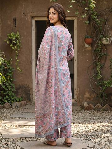 Jaitpuriya Pink And Grey Pure Cotton Straight Regular Kurta Set