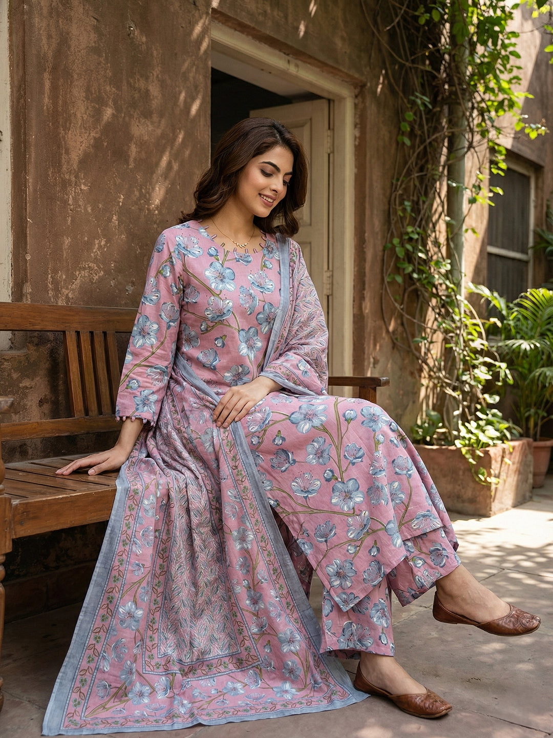 Jaitpuriya Pink And Grey Pure Cotton Straight Regular Kurta Set