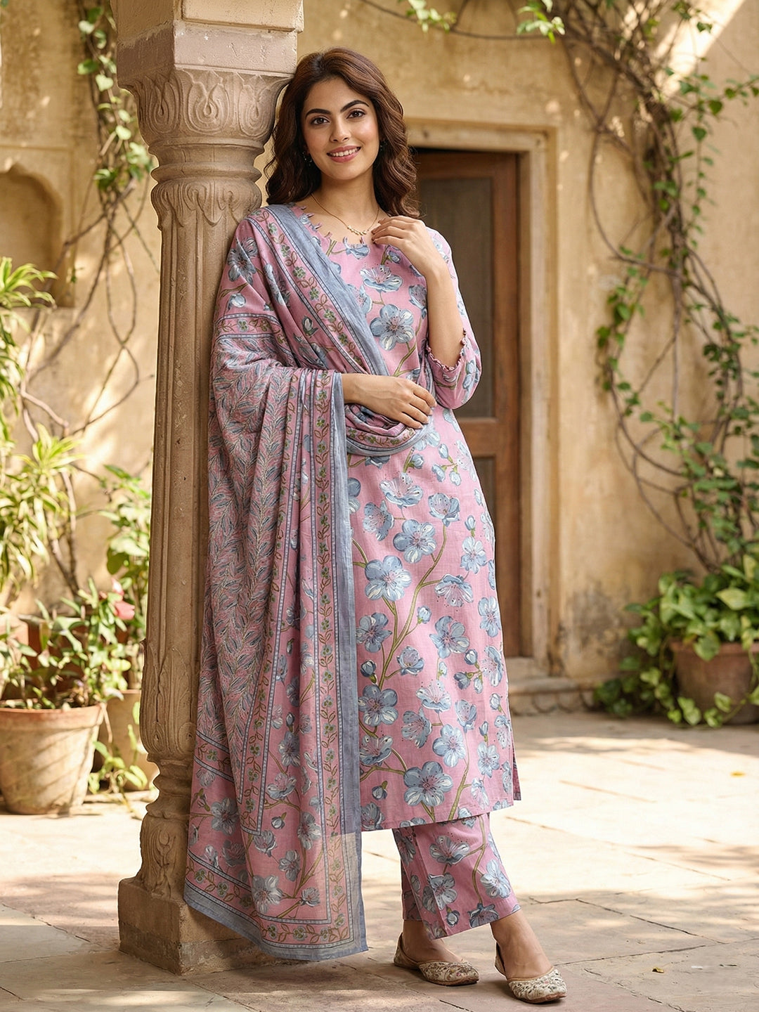 Jaitpuriya Pink And Grey Pure Cotton Straight Regular Kurta Set