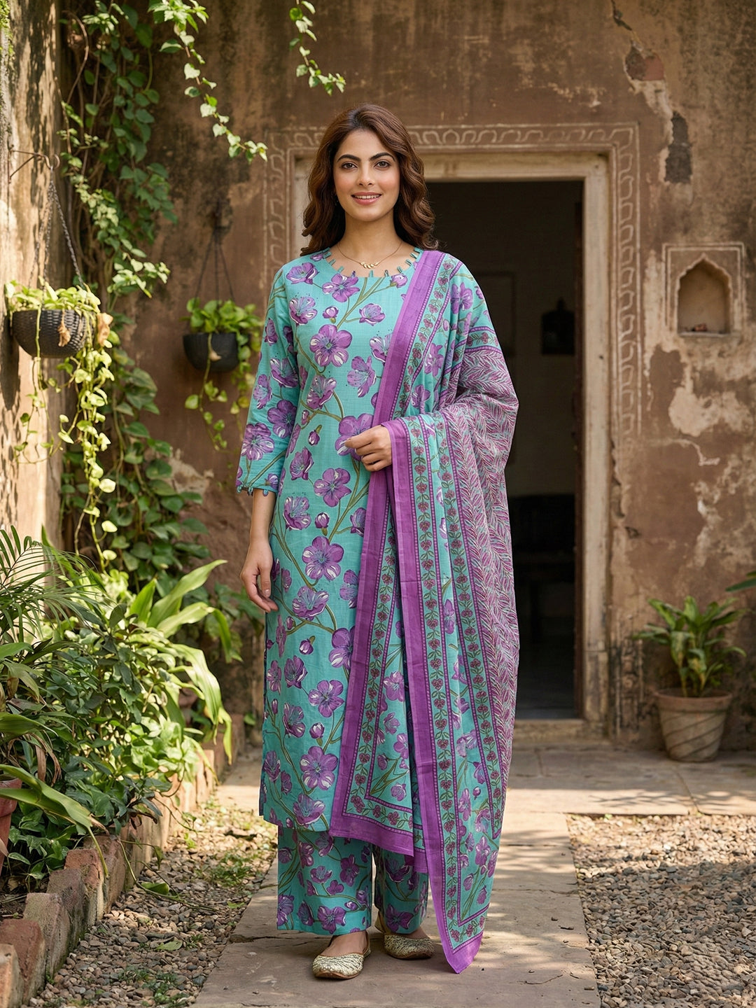 Jaitpuriya Turquesa And Purple Pure Cotton Straight Regular Kurta Set